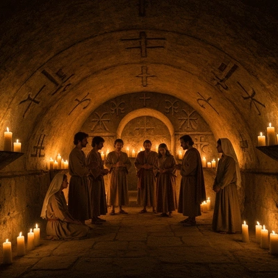Early Christians meeting in secret, underground church setting, serene and spiritual atmosphere, no text, no words, no typography, 8K