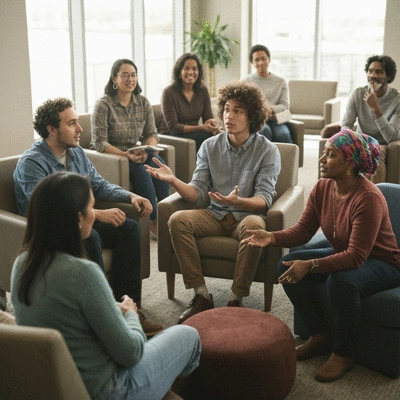 Diverse group of people engaged in a thoughtful discussion about faith in a modern, well-lit community center
