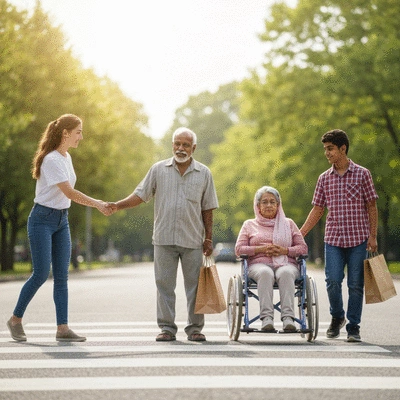Diverse group of people in a community setting, helping each other, symbolizing social justice and compassion