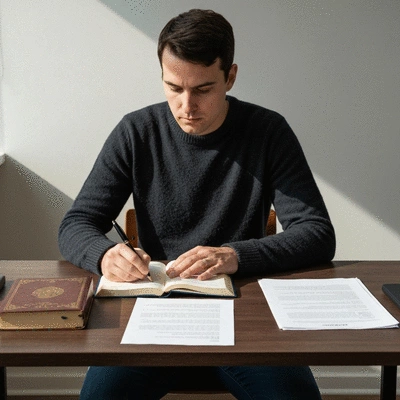 Person studying religious texts and scientific documents side-by-side, symbolizing the harmony between faith and reason in Catholicism