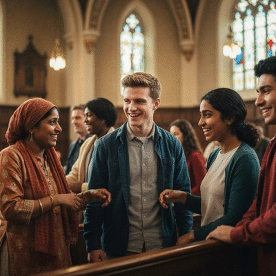 Diverse group of people in a church community gathering, smiling and interacting