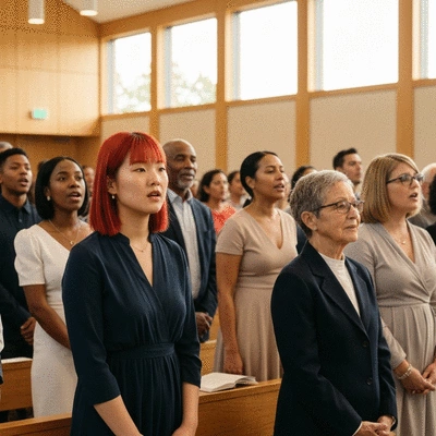 Diverse group of people in a modern church setting, engaged in worship, representing community and adaptation, no text, no words, no typography, clean image