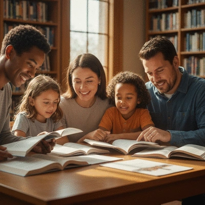 A family studying Catholic baptism resources together, warm and inviting atmosphere, focus on shared learning, no text, no words, no typography, 8K