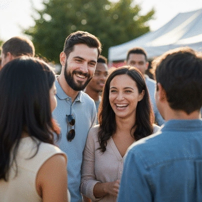 Catholic couple attending a community event, smiling and interacting with others, bright and welcoming atmosphere