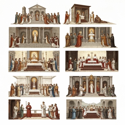 Historical depiction of the evolution of sainthood recognition in the Catholic Church, showing different eras and processes.