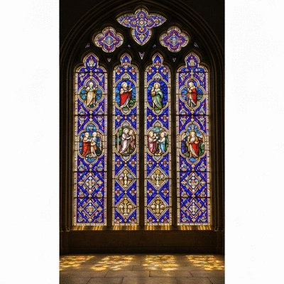 Detailed shot of a stained glass window in a grand cathedral, sunlight streaming through, no text, no words, no typography, no labels, clean image