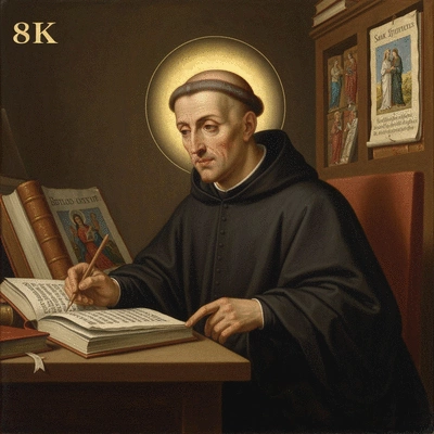 Classic painting of Saint Thomas Aquinas teaching or writing
