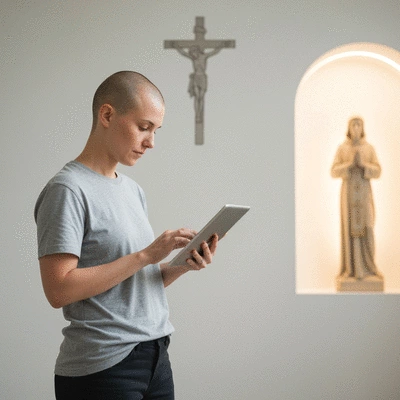 Modern person using a tablet to read religious texts or engage in online prayer, with subtle catholic iconography in the background, no text, no words, no typography, 8K, clean image