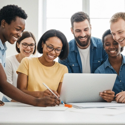 Diverse group of people collaborating peacefully, representing human dignity and community