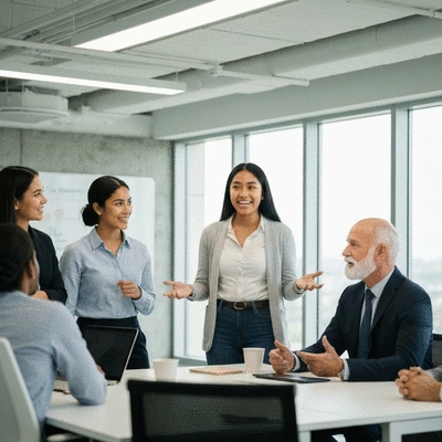 Diverse group of professionals collaborating in a modern office space, reflecting community and integrity