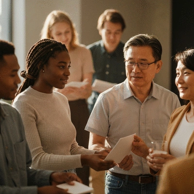 Diverse group of people participating in a modern church community event, warm lighting, natural interactions, no text, no words, no typography, 8K