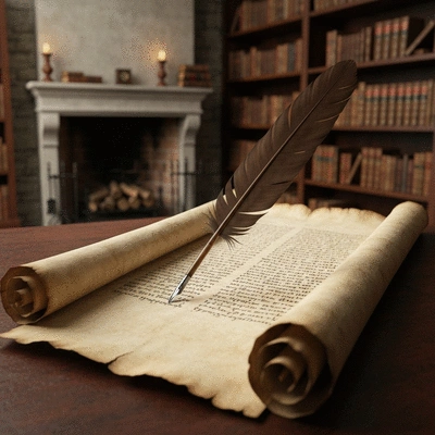 Ancient parchment with quill, symbolizing historical origins of the Apostles' Creed