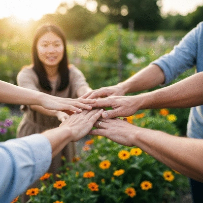 Hands reaching out to help each other, symbolizing support and solidarity in a community, with a soft, warm light, no text, no words, no typography, 8K