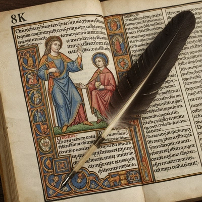 Ancient medieval manuscript with illuminated text and a quill, symbolizing monastic learning and preservation of knowledge