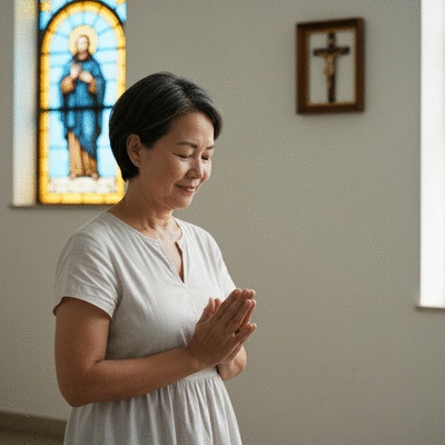 Person in a quiet moment of contemplative prayer or reflection, with subtle Catholic imagery in the background, promoting mental peace. no text, no words, no typography, no labels, clean image