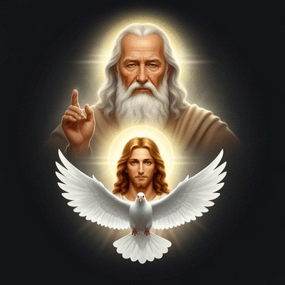 Representation of the Holy Trinity with Father, Son, and Holy Spirit, soft divine light, spiritual, no text, no words, no typography, clean image