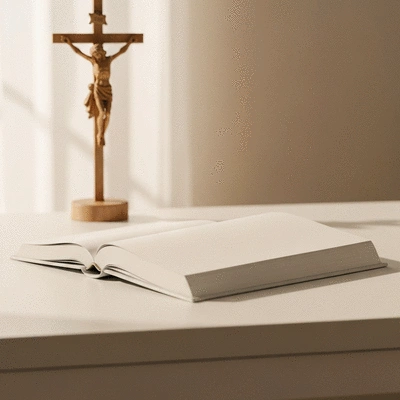 Contemporary theology book open on a desk with a crucifix in the background, warm light, contemplative mood