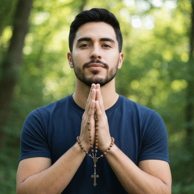 Person holding a rosary in prayer, soft light, spiritual ambiance