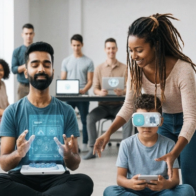 Digital tools for spiritual growth, showing a diverse group of people interacting with technology in a positive, faith-oriented manner, no text, no words, no typography, 8K, clean image