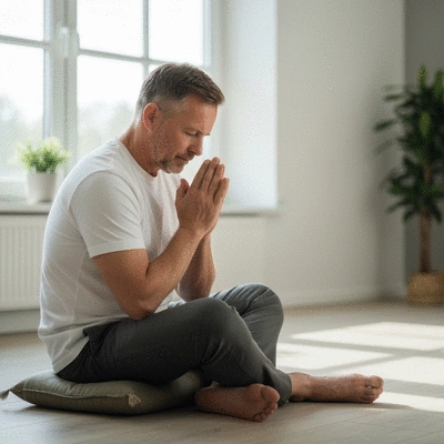 Person praying peacefully in a quiet, serene setting, symbolizing spiritual well-being