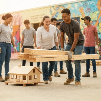 Diverse group of young adults engaged in a community service activity, symbolizing love and justice, no text, no words, no typography, clean image