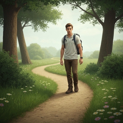 Young adult confidently navigating a path, symbolizing prudence and fortitude, no text, no words, no typography, clean image