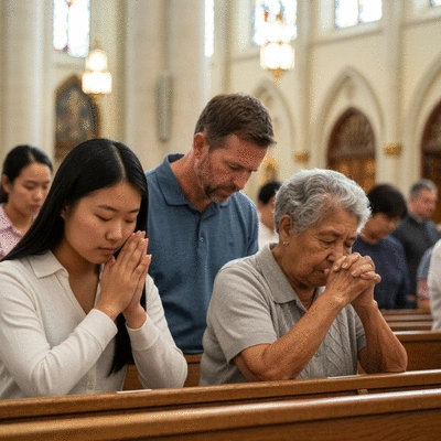 Diverse group of people in a Catholic church, praying, hands clasped, serene expressions, soft lighting