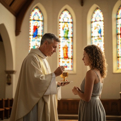 A priest administering a sacrament, such as communion or baptism, in a church setting, emphasizing spiritual connection