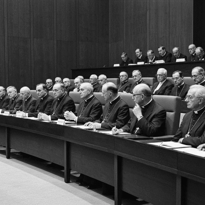 Historical image of Vatican II council members in session, black and white, serious and contemplative atmosphere