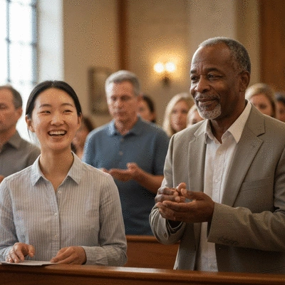 Diverse group of people participating in a sacrament, showing community and spiritual connection