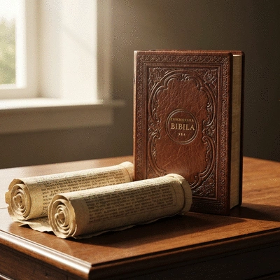 Bible and ancient scroll symbolizing Scripture and Tradition in balance on a wooden table, soft focus background, no text, no words, no typography, clean image, 8K