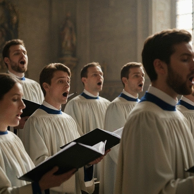 Close-up of a choir singing Gregorian chant in a historic church, soft lighting, no text, no words, no typography, no labels, clean image