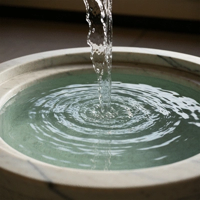 Beautiful image of a baptismal font with water, symbolizing new life and grace in the Catholic Church, soft lighting, serene atmosphere, no text, no words, no typography, 8K