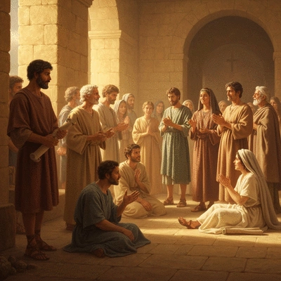 Early Christian community gathering for worship, showing diverse people interacting, in a warm, inviting historical art style, no text, no words, no typography, 8K