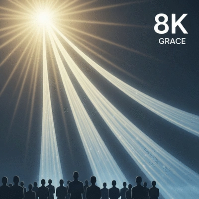 Stylized depiction of channels of grace flowing from divine light to people, soft religious art, no text, no words, no typography, 8K