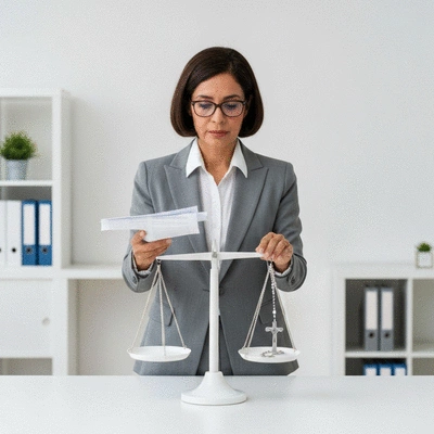 Professional woman thoughtfully balancing work and faith symbols on a scale