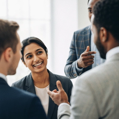 Modern diverse group of people engaged in a thoughtful discussion about ethics and faith