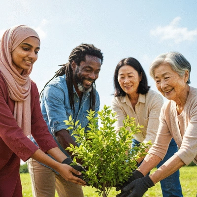 Diverse group of people from different faiths collaborating on an environmental project, planting trees together, symbolizing unity and impact, bright outdoor setting
