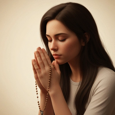 Person praying with rosary beads, soft lighting