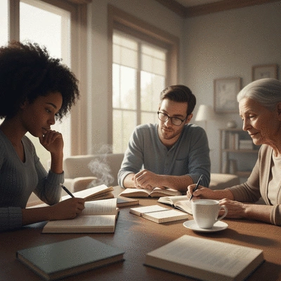 People engaged in a Catholic study group, reading texts and discussing, warm and inviting atmosphere, no text, no words, no typography, clean image