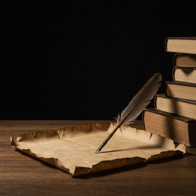 Ancient parchment with quill, symbolizing historical documentation of Catholic traditions, no text, no words, no typography, clean image