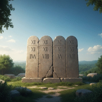 Ancient stone tablets with roman numerals, symbolic of the Ten Commandments, in a serene, spiritual setting