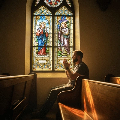 Person praying in a church pew, light streaming through stained glass, symbolizing grace and faith