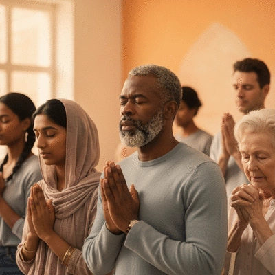 Diverse group of people praying together, representing unity and diversity in faith