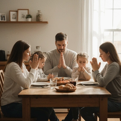 A Catholic family praying together at a dining table, warm lighting, no text, no words, no typography, clean image