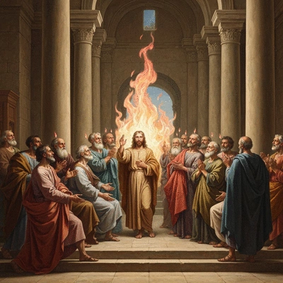 Apostles receiving the Holy Spirit at Pentecost, with flames above their heads, in a historical art style, no text, no words, no typography, 8K