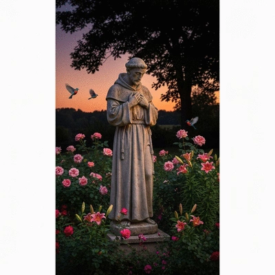 A serene garden with a statue of St. Francis of Assisi, surrounded by flowers and small birds