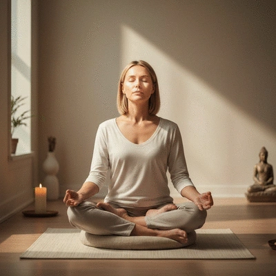 Person meditating or praying in a serene, spiritual setting, representing personal reflection