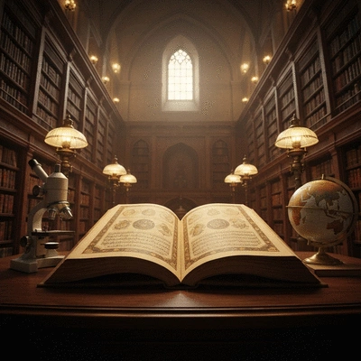 Ancient book and modern scientific instruments on a wooden table, symbolizing the integration of faith and reason