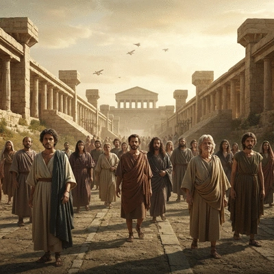 Ancient Roman road network with early Christians traveling and spreading the gospel, no text, no words, no typography, 8K